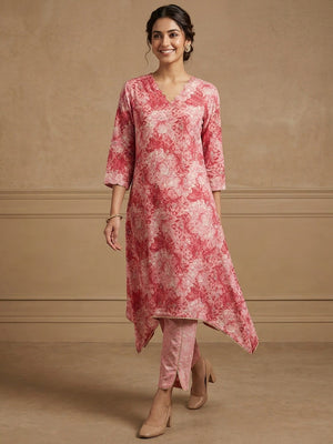 Pink Floral Printed Pure Cotton Two-Piece Set with Neck Embroidery - Image 1