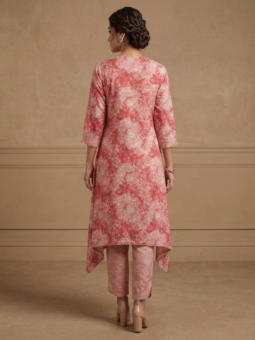 Pink Floral Printed Pure Cotton Two-Piece Set with Neck Embroidery - Image 3