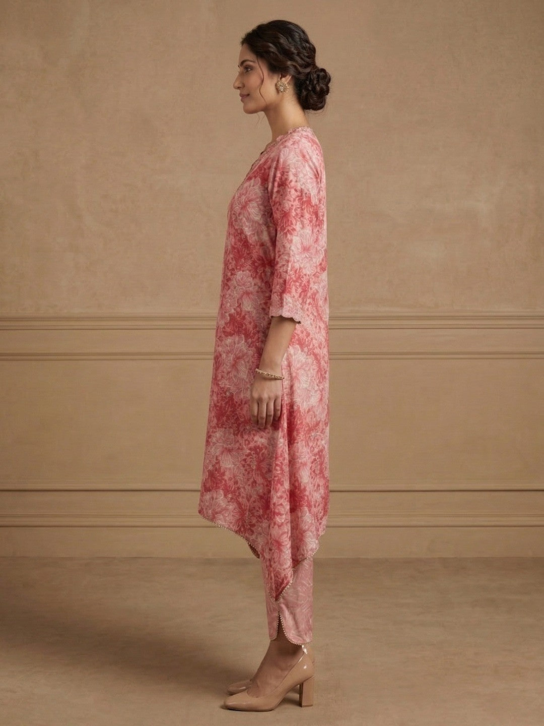 Pink Floral Printed Pure Cotton Two-Piece Set with Neck Embroidery - Image 2
