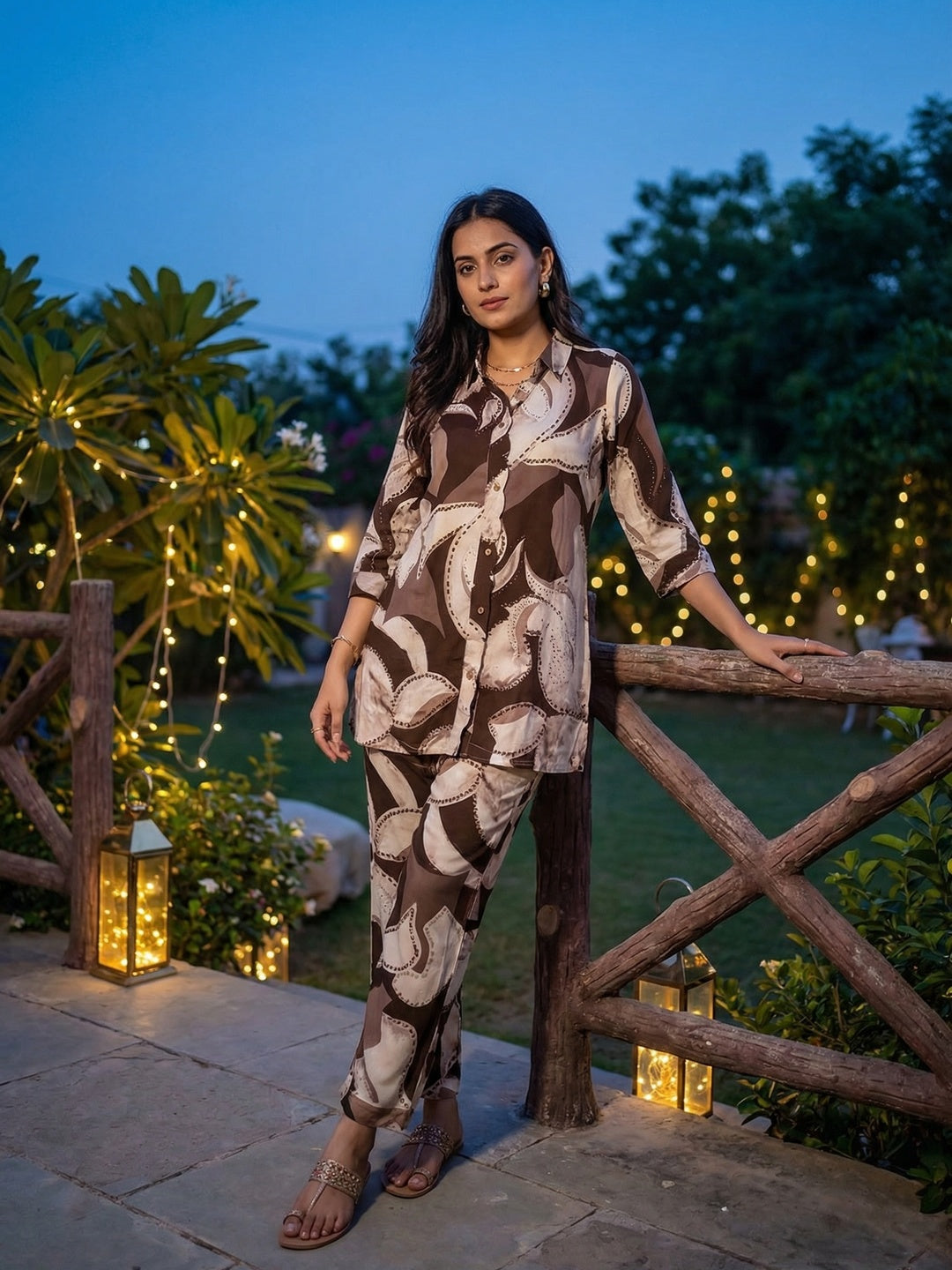 Brown Abstract Printed Rayon Two Piece Outfit with Soft Fabric and Modern Look - Image 1