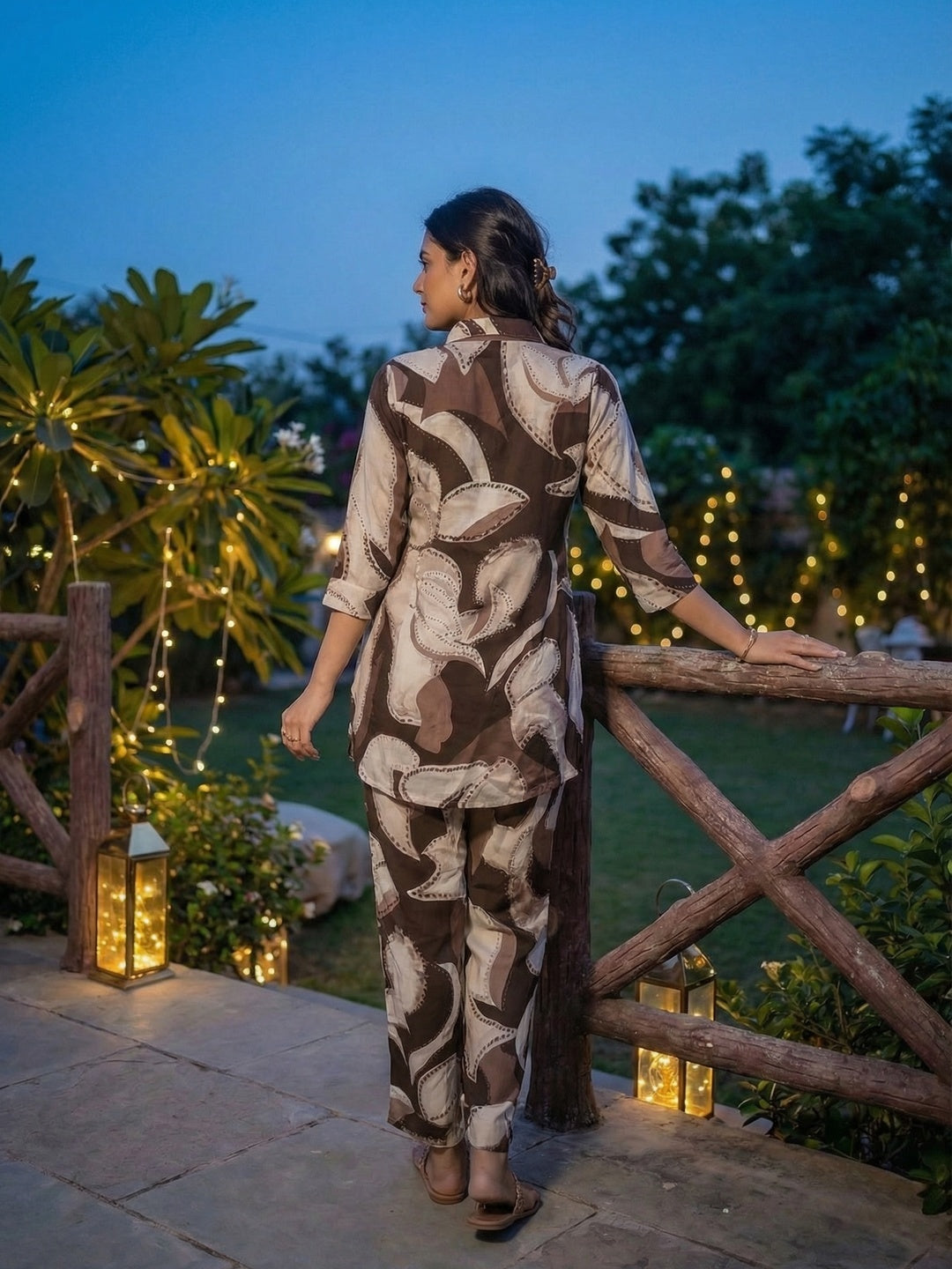 Brown Abstract Printed Rayon Two Piece Outfit with Soft Fabric and Modern Look - Image 3