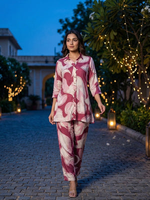 Cherry Pink Abstract Printed Rayon Two Piece Outfit with Soft Fabric and Modern Look - Image 1