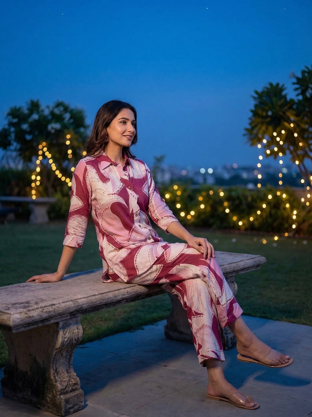 Cherry Pink Abstract Printed Rayon Two Piece Outfit with Soft Fabric and Modern Look - Image 4