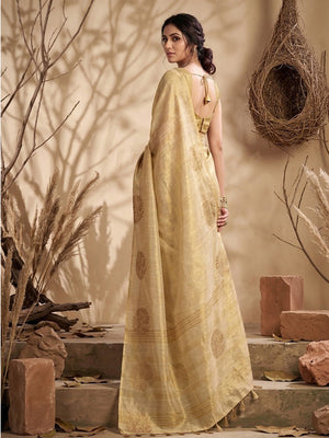 Classic Cream Floral Zari Weaving Tissue Silk Saree With Tassel Pallu - Image 2
