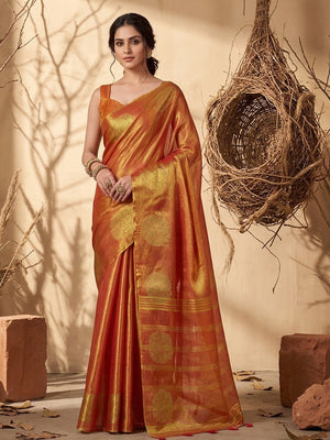 Classic Rust Floral Zari Weaving Tissue Silk Saree With Tassel Pallu - Image 1