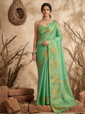 Classic Green Floral Zari Weaving Tissue Silk Saree With Tassel Pallu - Image 1