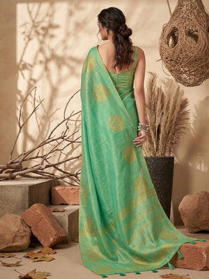 Classic Green Floral Zari Weaving Tissue Silk Saree With Tassel Pallu - Image 2