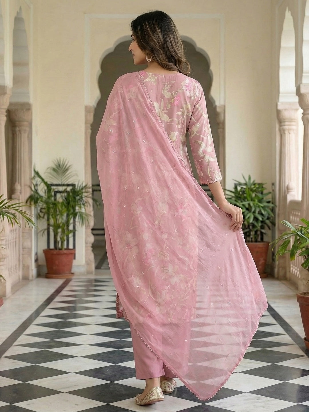 Elegant Pink Floral Printed with Yoke Detail Angle Rayon Salwar Suit with Dupatta - Image 3