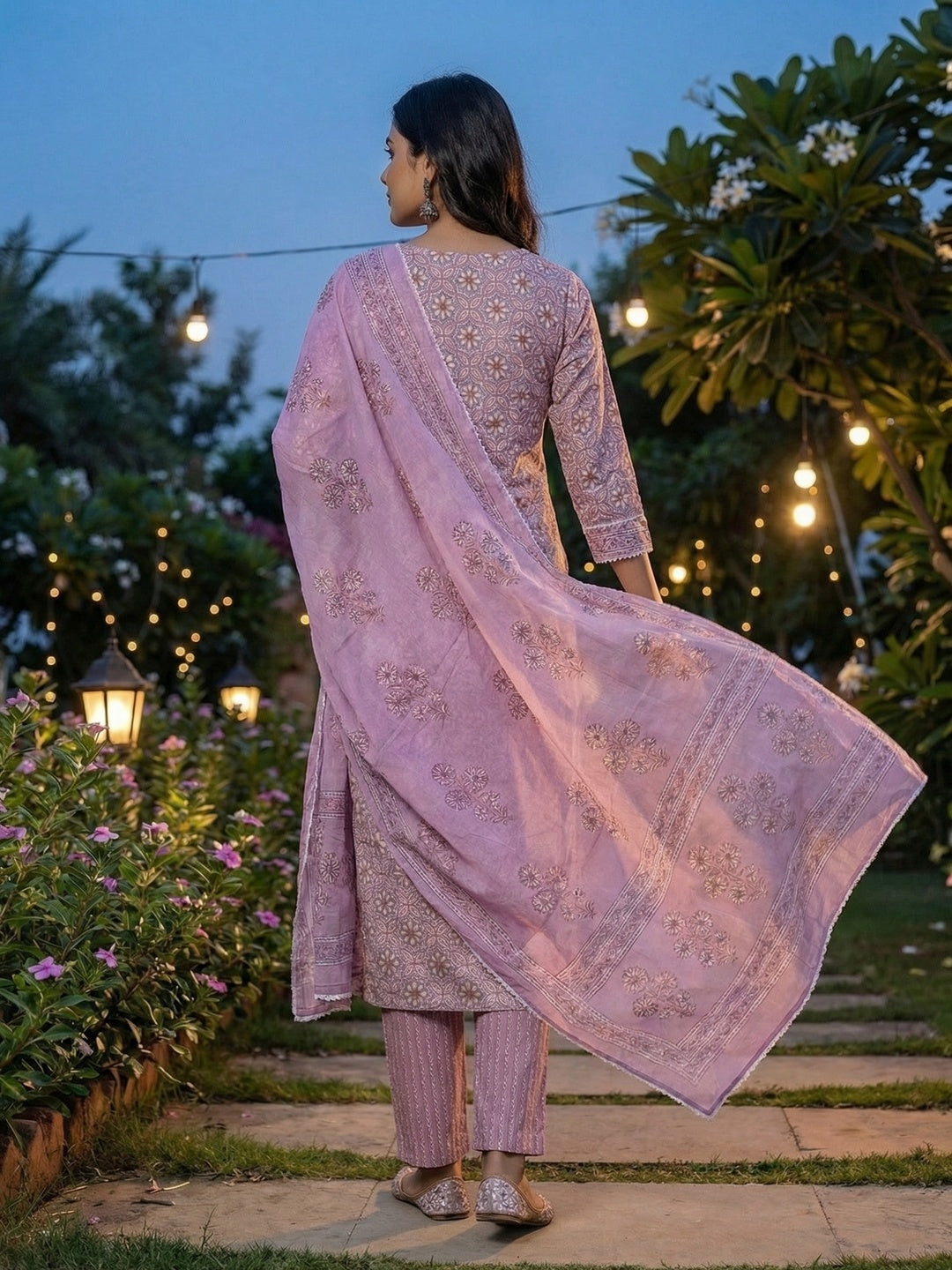 Lavender Floral Printed Pure Cotton Salwar Suit with Dupatta - Image 3