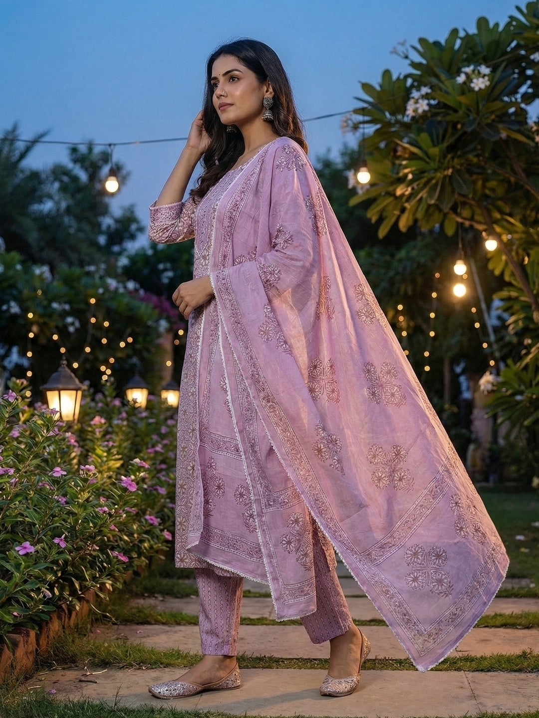 Lavender Floral Printed Pure Cotton Salwar Suit with Dupatta - Image 4