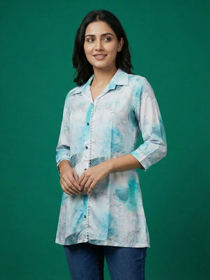 Sky Blue Abstract Print Rayon Tunic Top with Lace Detail - Image 1
