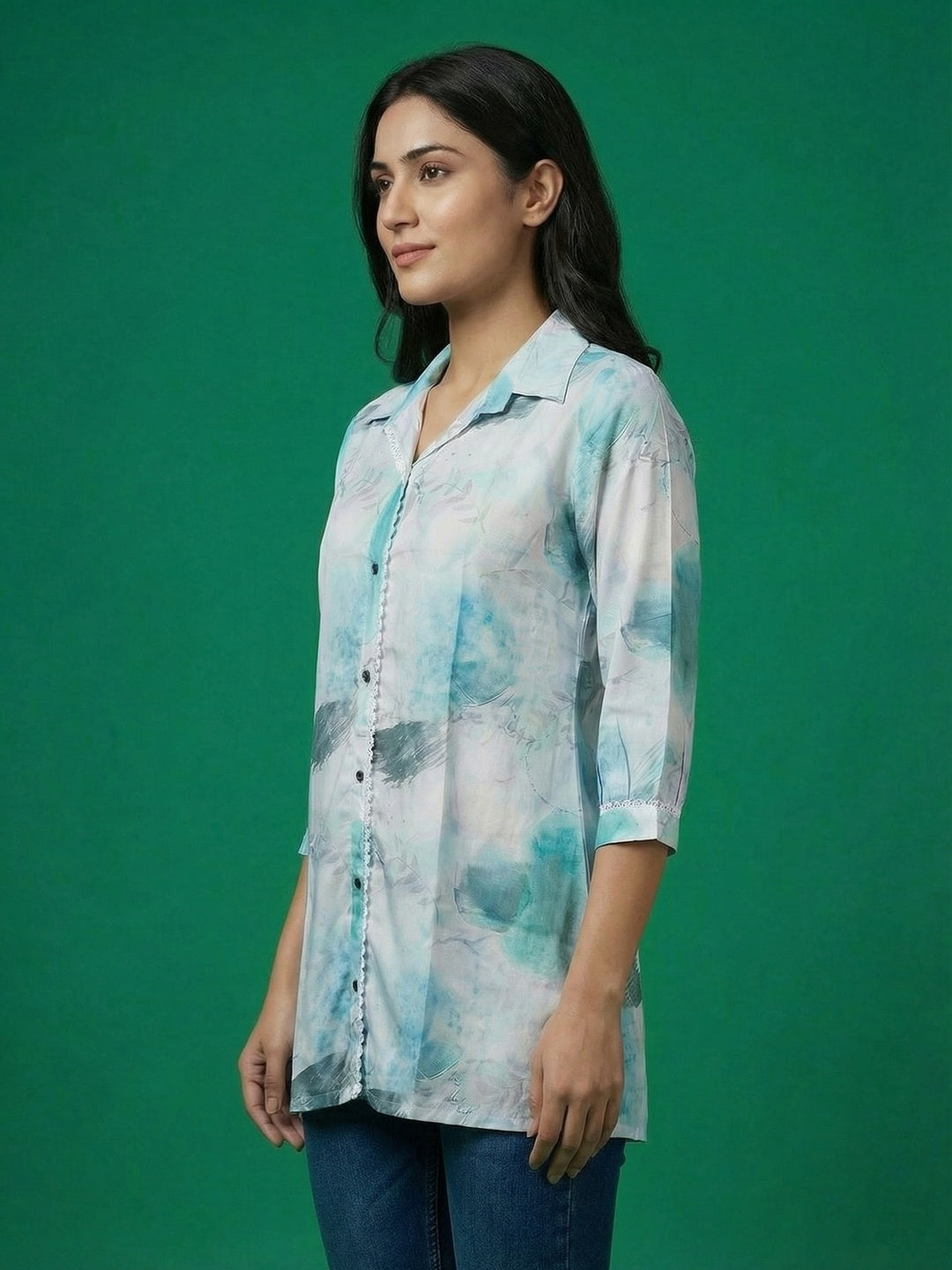 Sky Blue Abstract Print Rayon Tunic Top with Lace Detail - Image 3