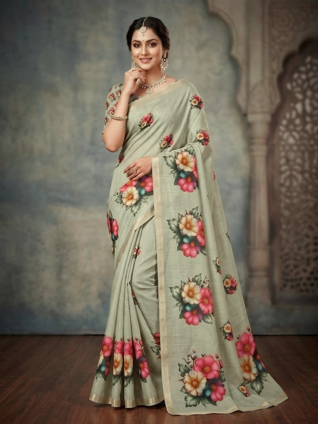 Sophisticated Sage Green Floral Printed Linen Saree With Fine Zari Border - Image 1