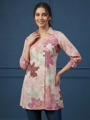 Pink Floral Printed Rayon Top with Collared Neck and 3/4 Sleeves - Image 1