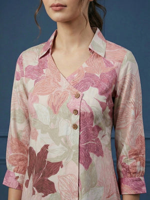 Pink Floral Printed Rayon Top with Collared Neck and 3/4 Sleeves - Image 2