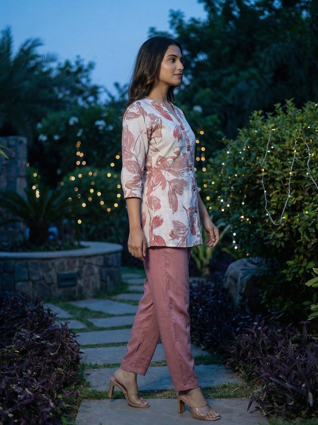 Modern Dusty Pink Viscose Floral Print Co-Ord Set with Stylish Top and Bottom Set - Image 4
