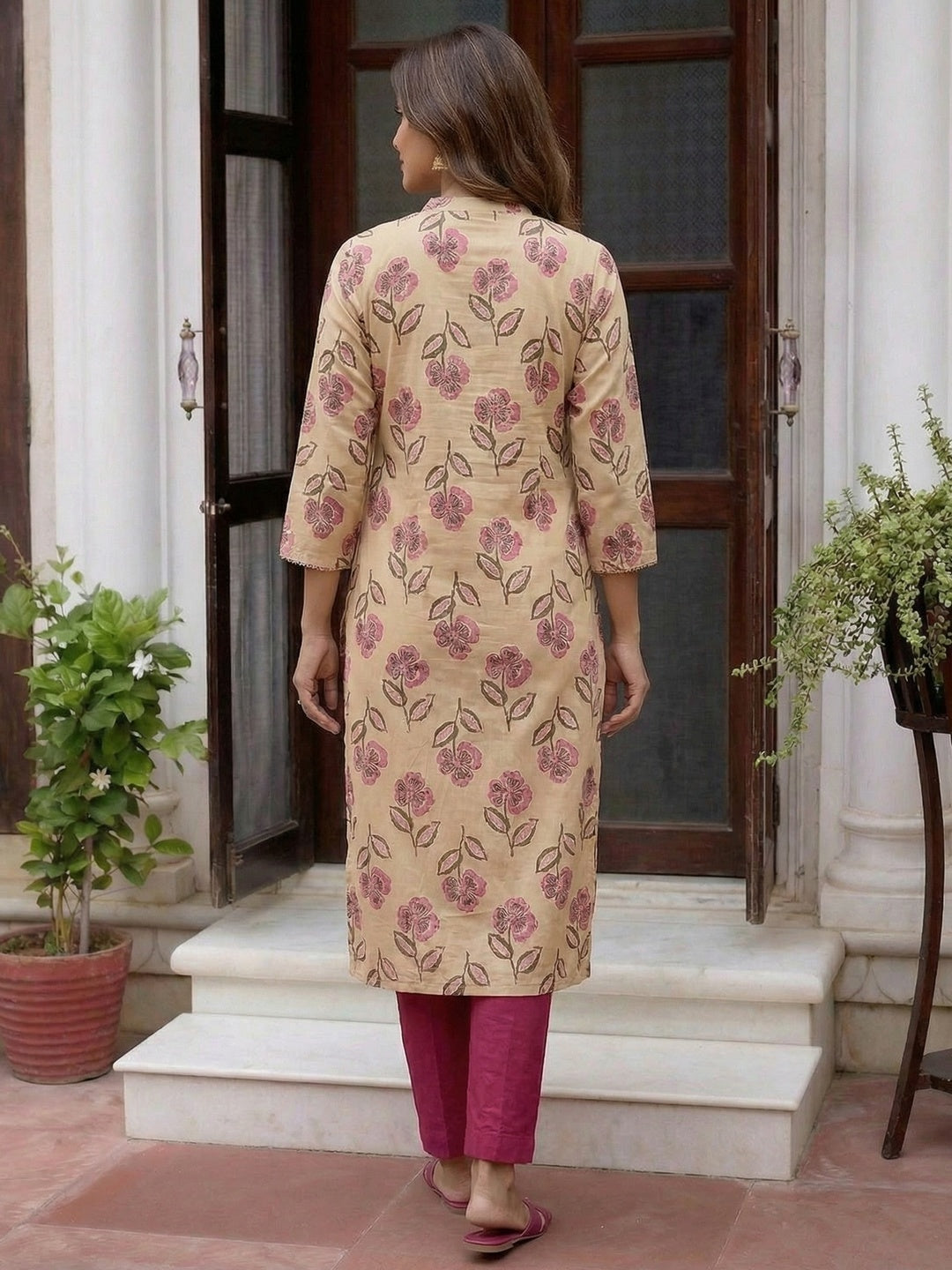 Chikoo Floral Printed Cotton Salwar Suit with Pink Dupatta - Image 3