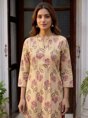 Chikoo Floral Printed Cotton Salwar Suit with Pink Dupatta - Image 2