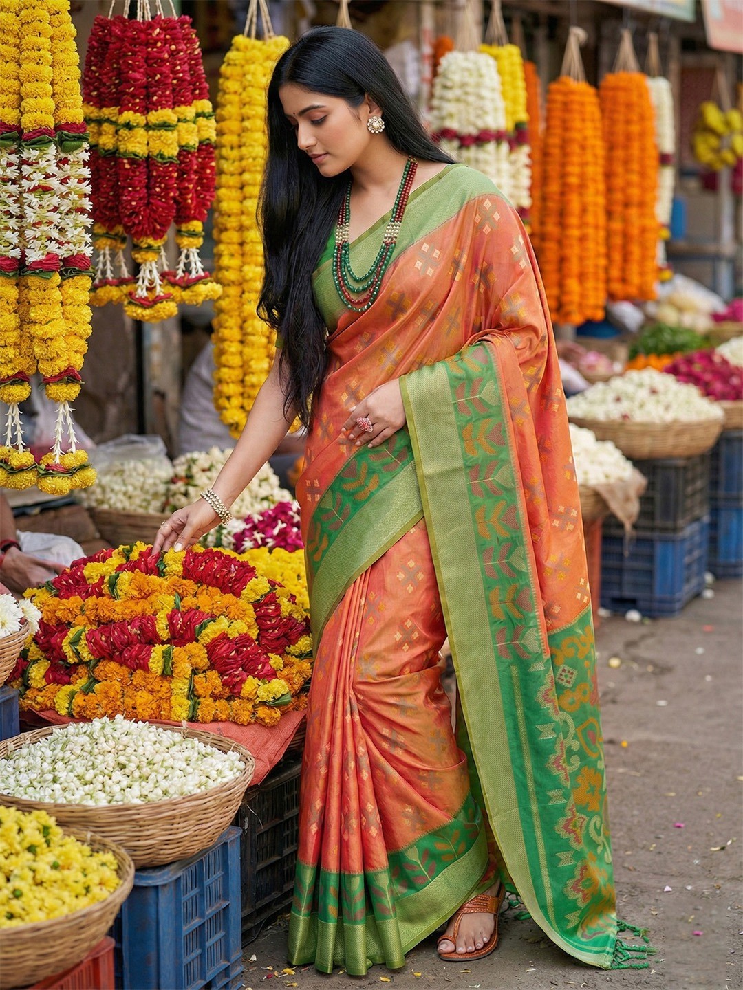 Radiant Orange Silk Blend Saree Featuring Intricate Zari Weaving & Tassel Pallu - Image 3