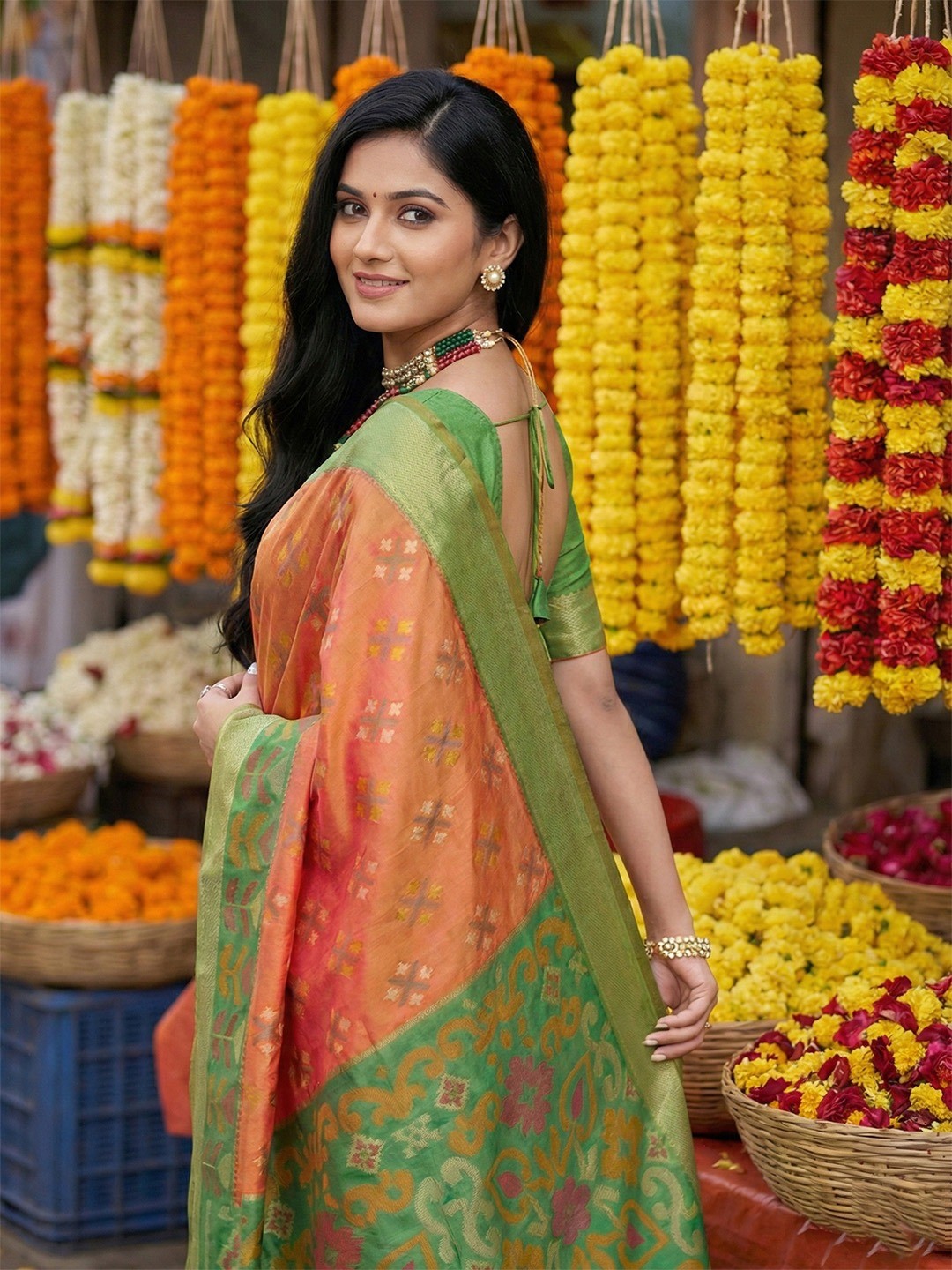 Radiant Orange Silk Blend Saree Featuring Intricate Zari Weaving & Tassel Pallu - Image 2