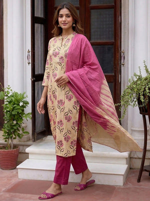 Chikoo Floral Printed Cotton Salwar Suit with Pink Dupatta - Image 1