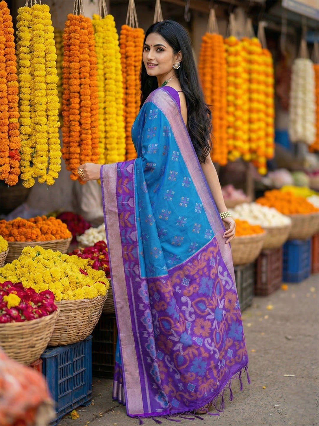 Radiant Blue Silk Blend Saree Featuring Intricate Zari Weaving & Tassel Pallu - Image 3