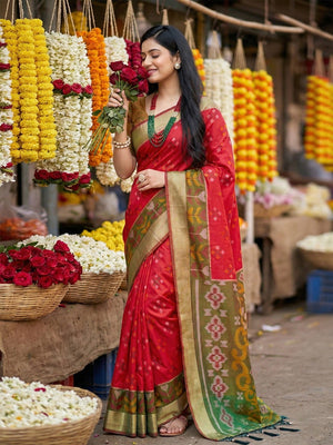 Radiant Red Silk Blend Saree Featuring Intricate Zari Weaving & Tassel Pallu - Image 2