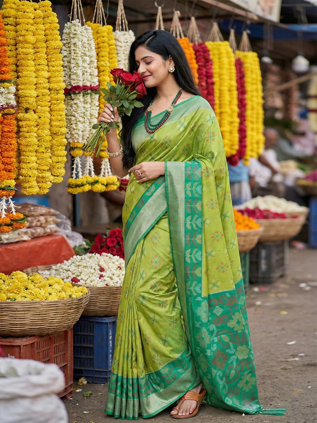 Radiant Green Silk Blend Saree Featuring Intricate Zari Weaving & Tassel Pallu - Image 1