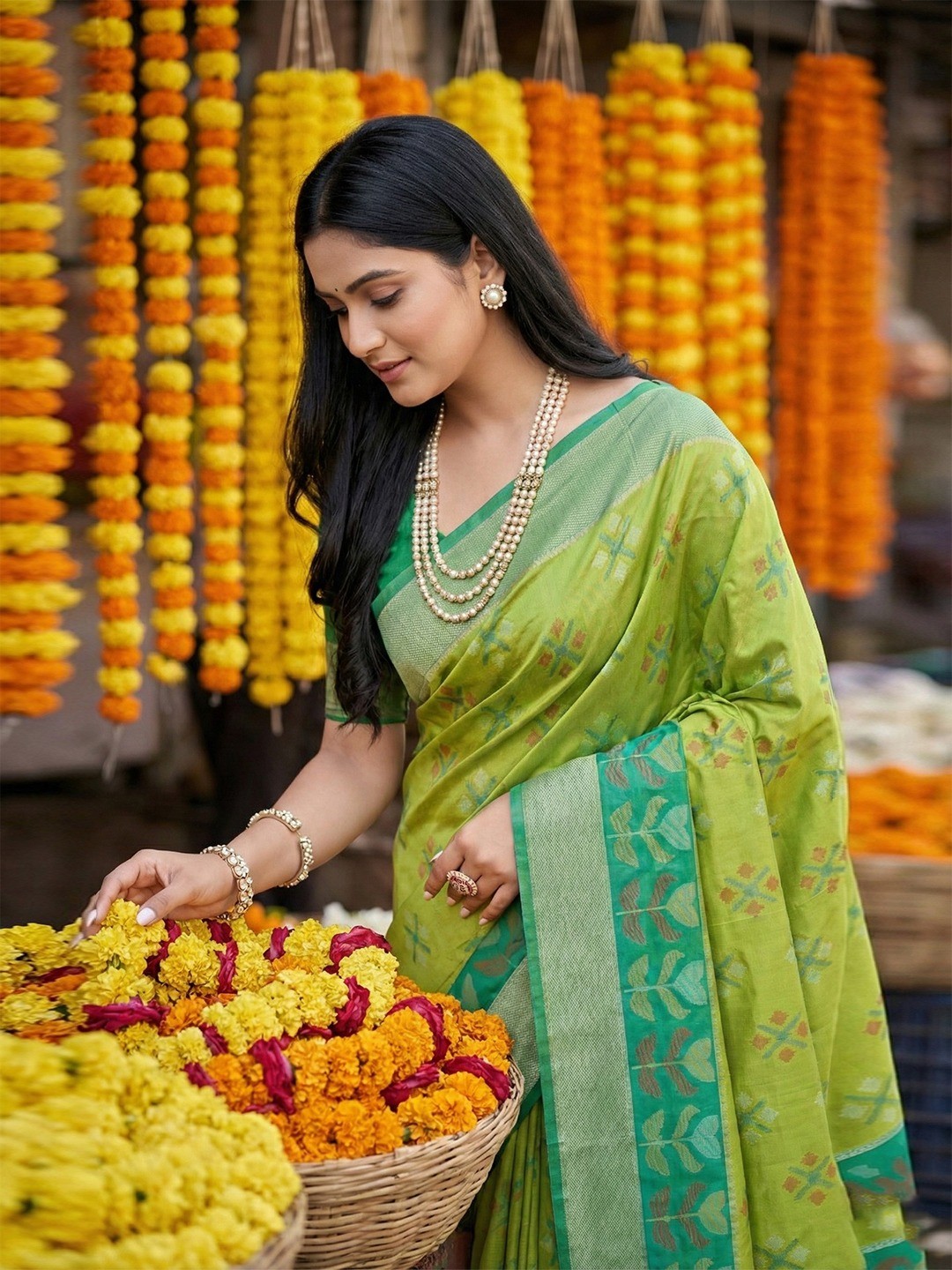 Radiant Green Silk Blend Saree Featuring Intricate Zari Weaving & Tassel Pallu - Image 2