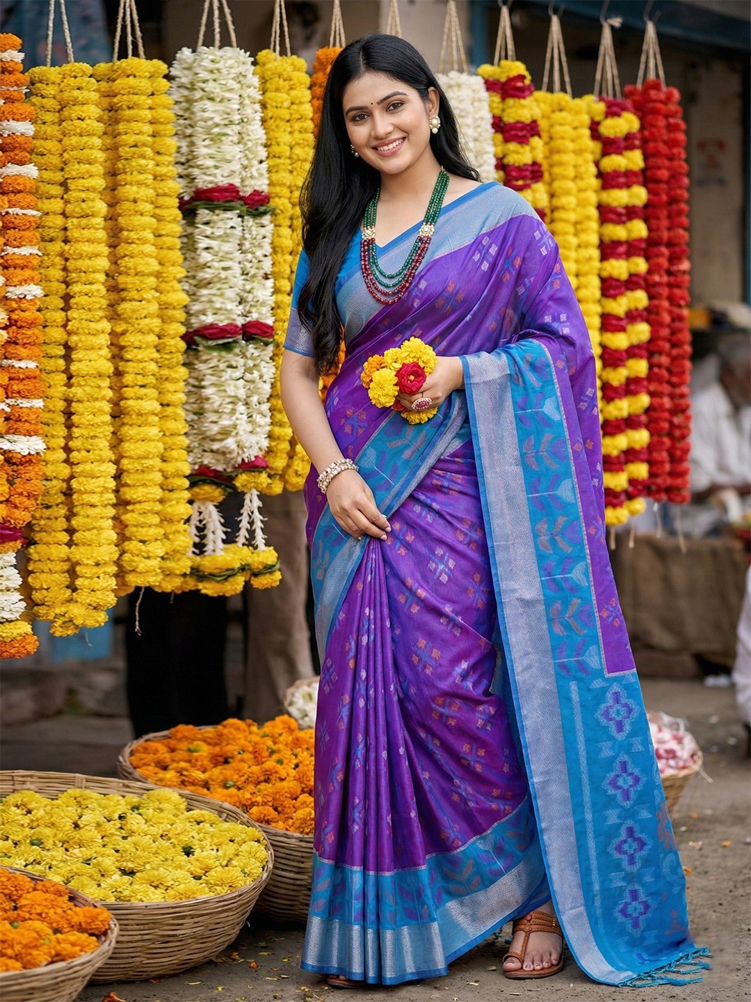 Elegant Violet Silk Blend Saree with Zari Weaving - Image 1