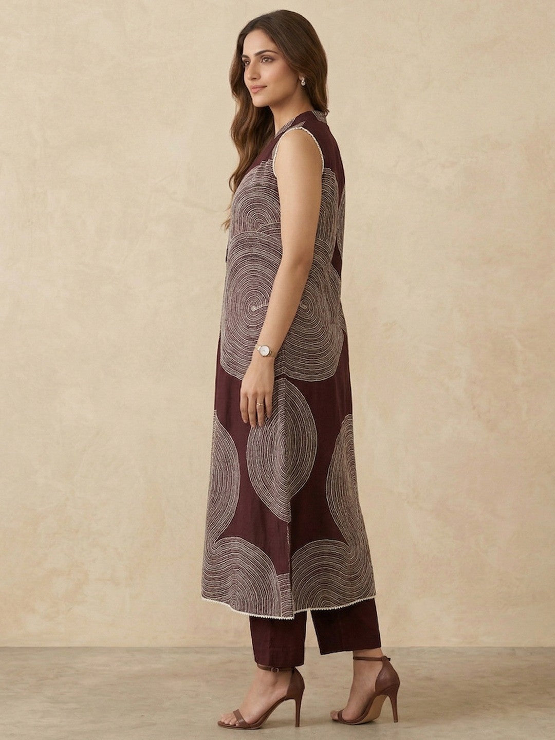 Wine Rayon Top Bottom Set with Abstract Print and Lace Detail - Image 4