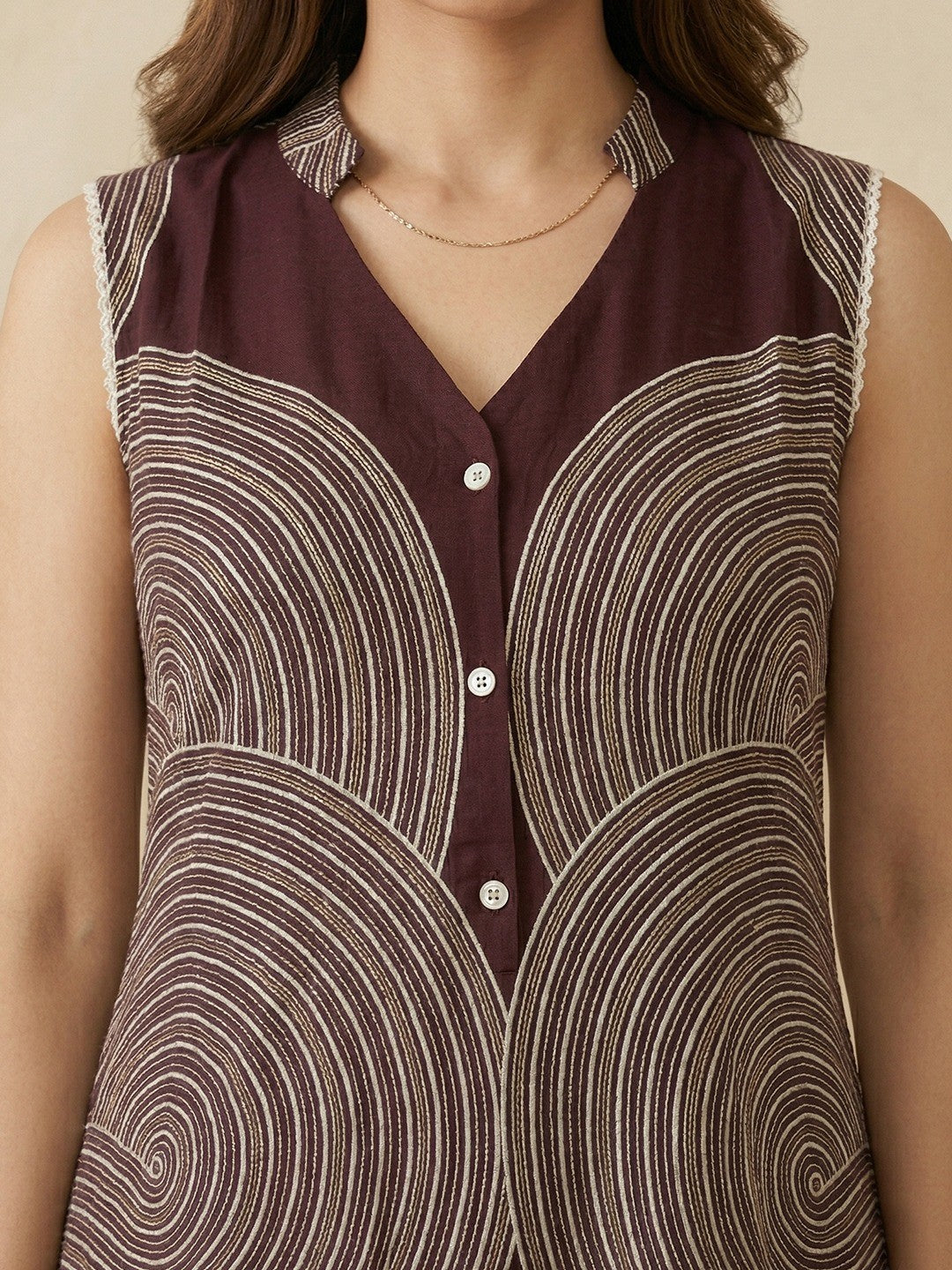 Wine Rayon Top Bottom Set with Abstract Print and Lace Detail - Image 2