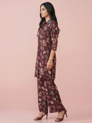 Casual Chic Wine Floral Printed Rayon Co-ord Set with Floral Patterns - Image 2