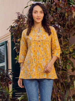 Stylish Yellow Printed Pure Cotton Top for Casual Wear - Image 1