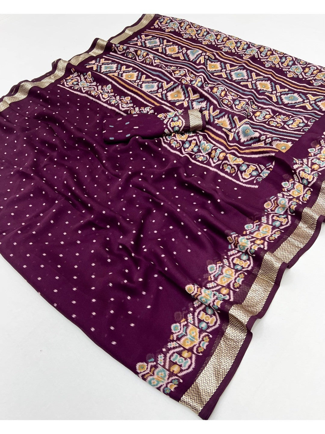 Trendy Wine Georgette Saree with Ikkat Inspired Print for Festive Celebrations - Image 3