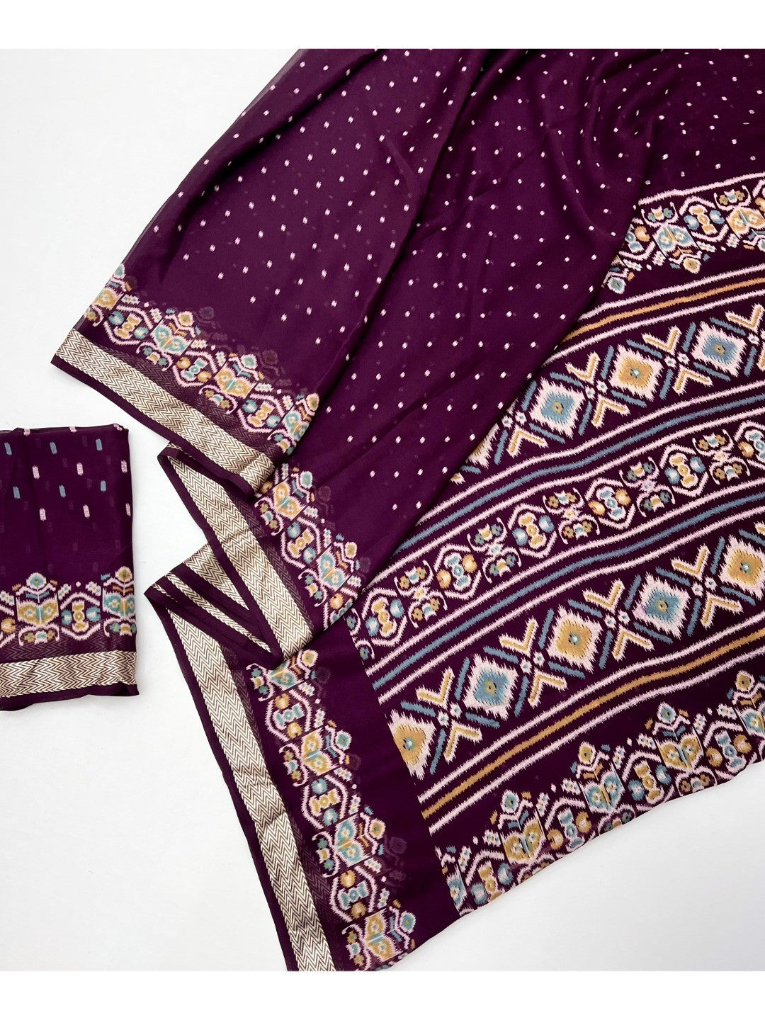 Trendy Wine Georgette Saree with Ikkat Inspired Print for Festive Celebrations - Image 2
