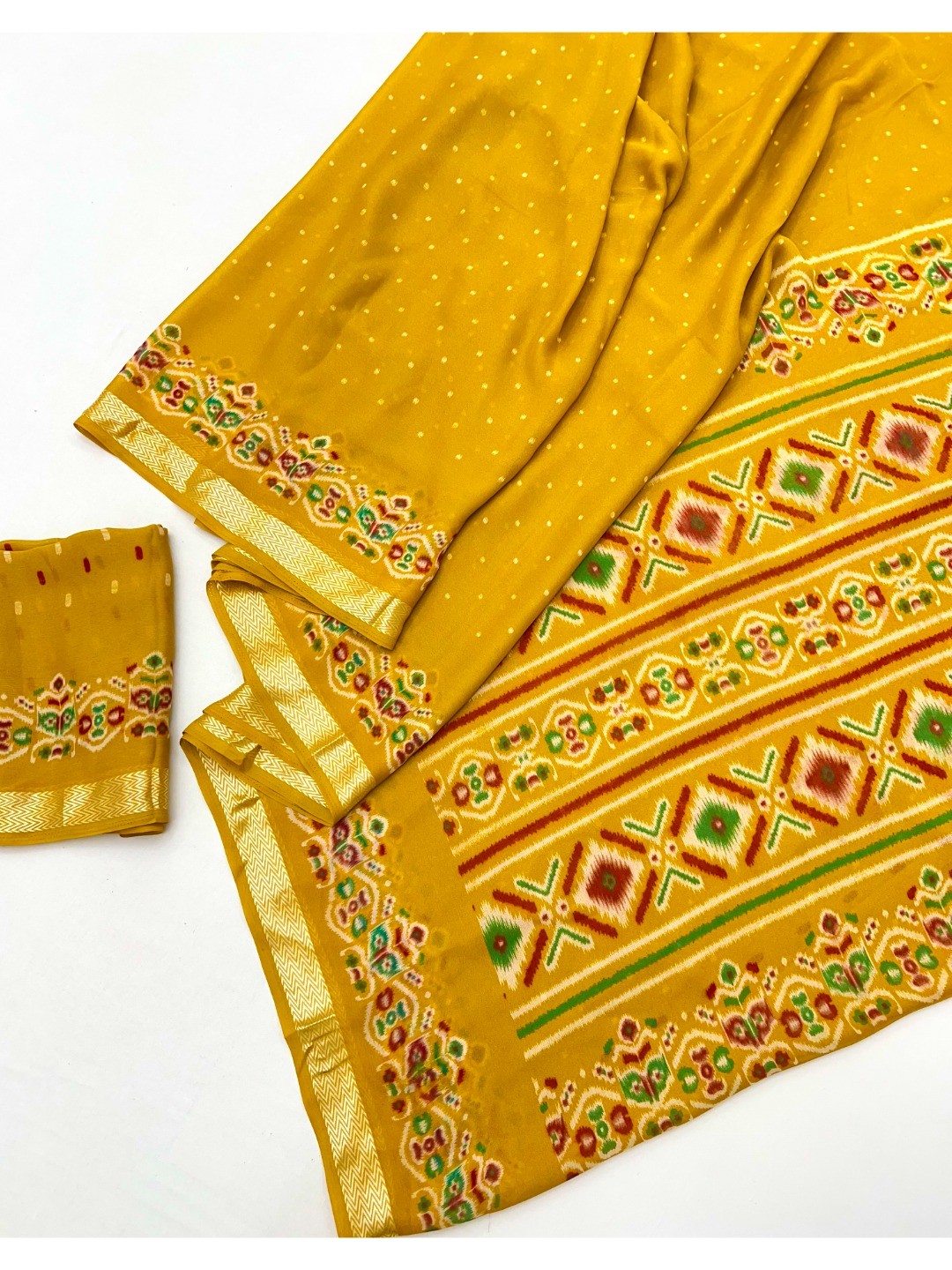 Trendy Mustard Georgette Saree with Ikkat Inspired Print for Festive Celebrations - Image 2