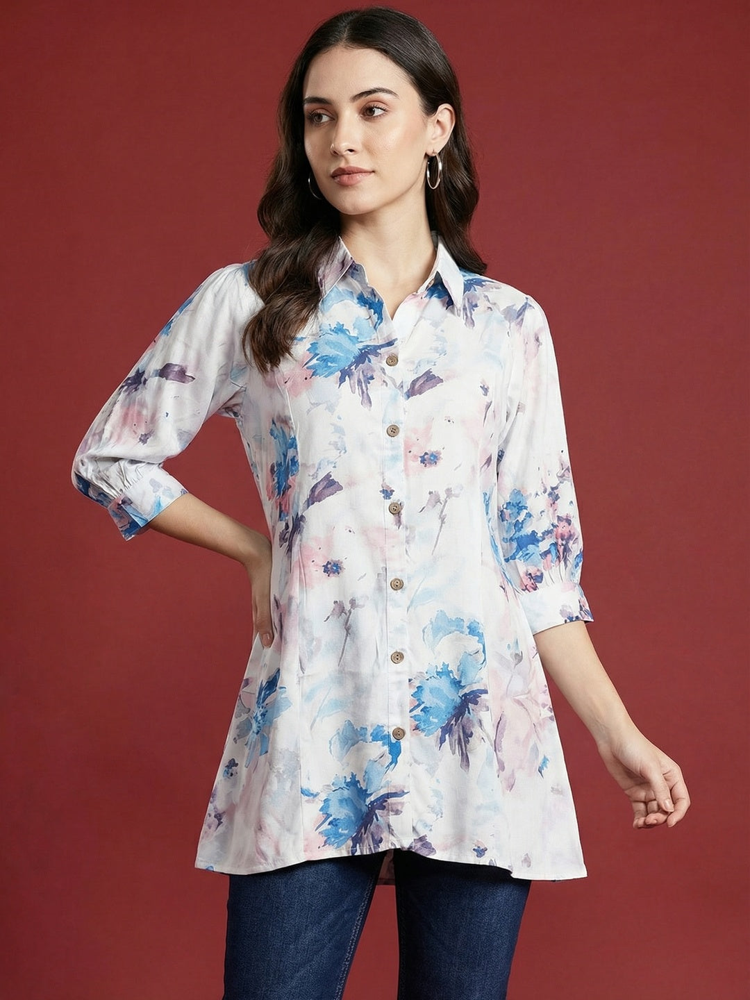 Trendy Blue Floral Printed Rayon A-Line Top with Flowy Silhouette - Image 1
