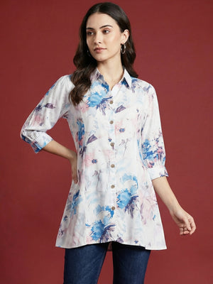 Trendy Blue Floral Printed Rayon A-Line Top with Flowy Silhouette - Image 1