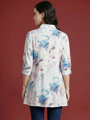 Trendy Blue Floral Printed Rayon A-Line Top with Flowy Silhouette - Image 2