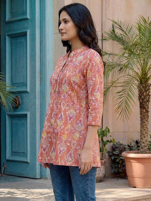 Stylish Coral Red Printed Pure Cotton Top for Casual Wear - Image 2