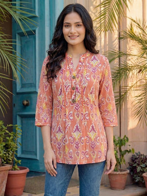 Stylish Coral Red Printed Pure Cotton Top for Casual Wear - Image 1