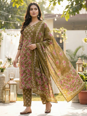 Green Pure Cotton Salwar Suit with Floral Printed Pattern and Dupatta - Image 1