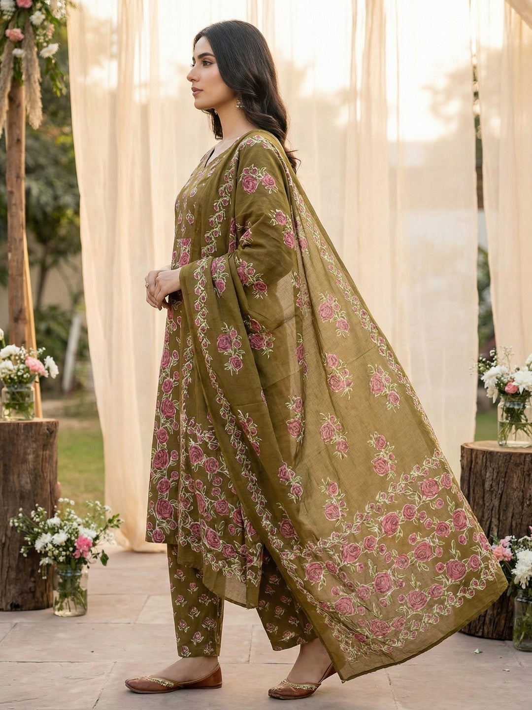 Green Pure Cotton Salwar Suit with Floral Printed Pattern and Dupatta - Image 2