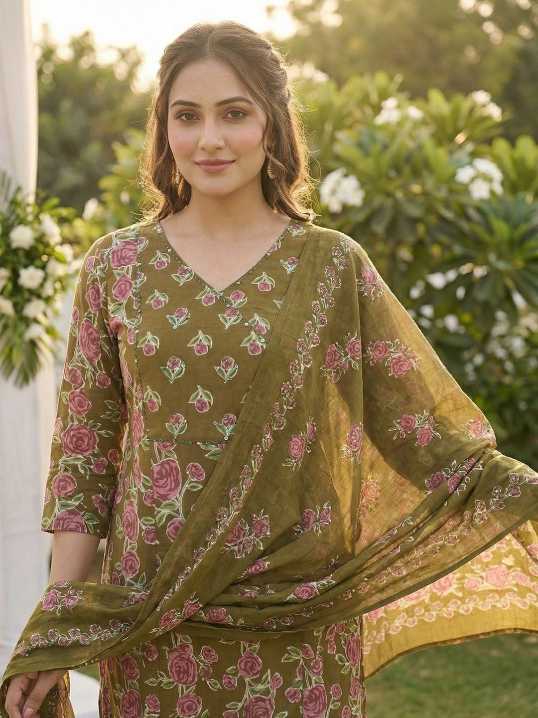 Green Pure Cotton Salwar Suit with Floral Printed Pattern and Dupatta - Image 3