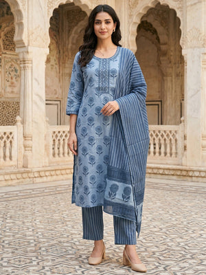 Blue Floral Print Pure Cotton Kurta Salwar Dupatta Set with Elegant Design - Image 1