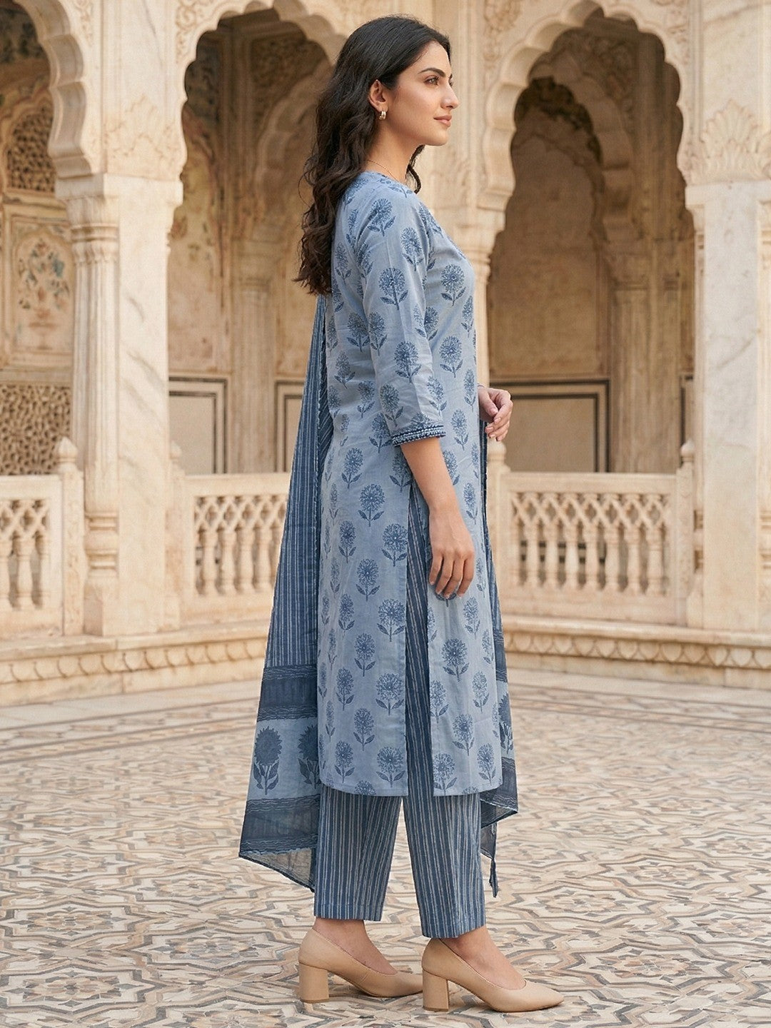 Blue Floral Print Pure Cotton Kurta Salwar Dupatta Set with Elegant Design - Image 2