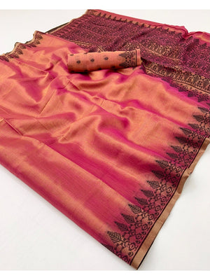 Elegant Peach Linen Saree with Weaving Border Design - Image 2