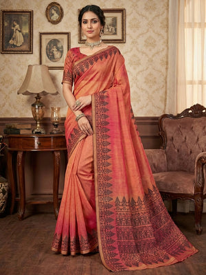 Elegant Peach Linen Saree with Weaving Border Design - Image 1