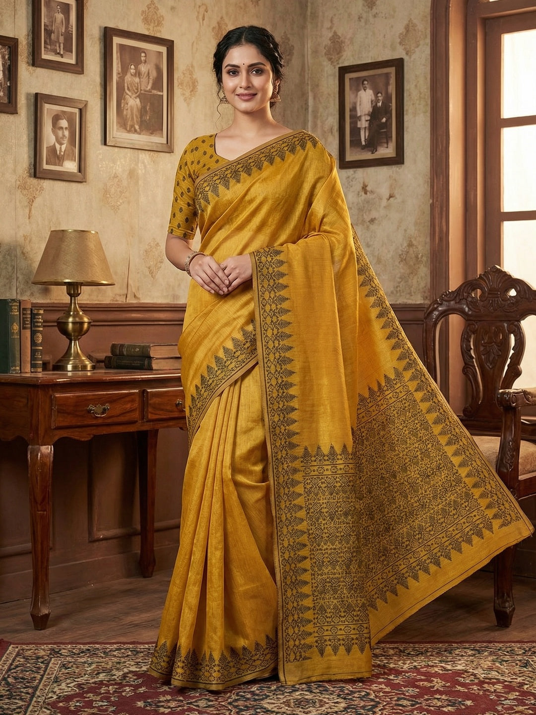 Elegant Mustard Tissue Linen Saree with Weaving Border Design - Image 1